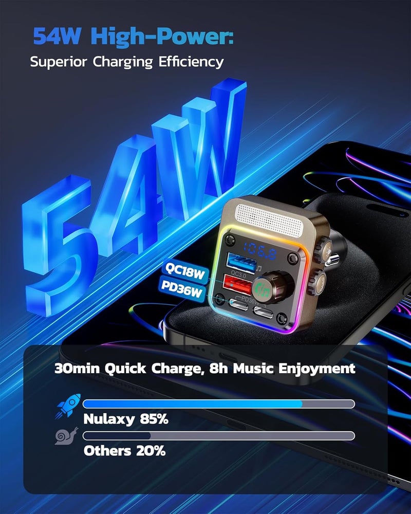 nulaxy 54W Bluetooth 5.3 Car Adapter with 4 Charging Ports [PD 36W & QC3.0 18W], Wireless Radio FM Transmitter with Deep Bass Player & 5 Colors LED Backlit, Hands-Free Calling - Gold - Image 2
